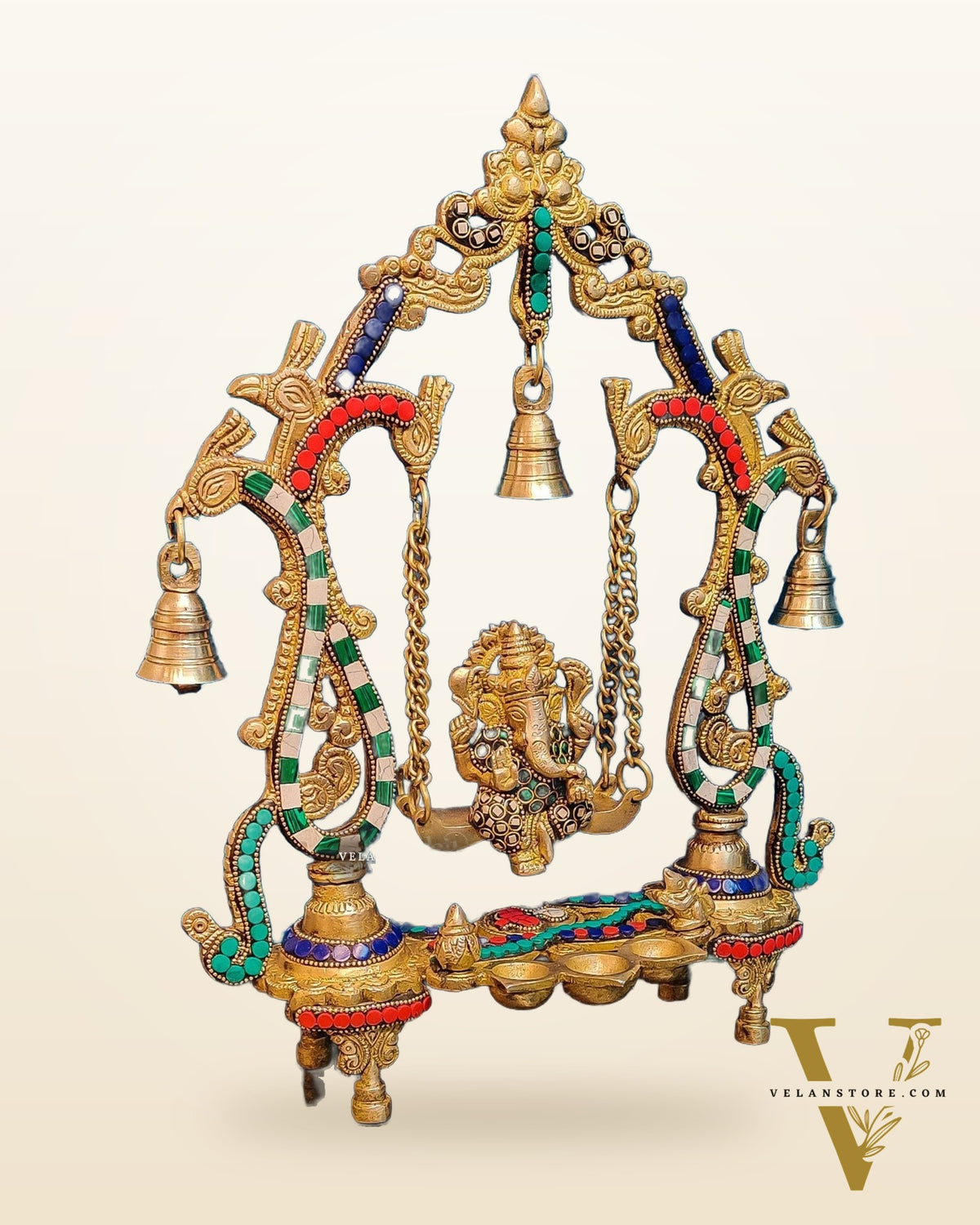 Handcrafted Brass Ganesha on Swing with Three Diyas 13"