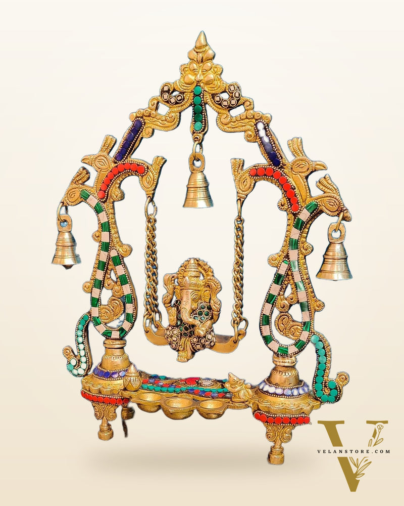 Handcrafted Brass Ganesha on Swing with Three Diyas 13"