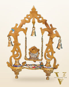 Handcrafted Brass Ganesha on Swing with Three Diyas 13"