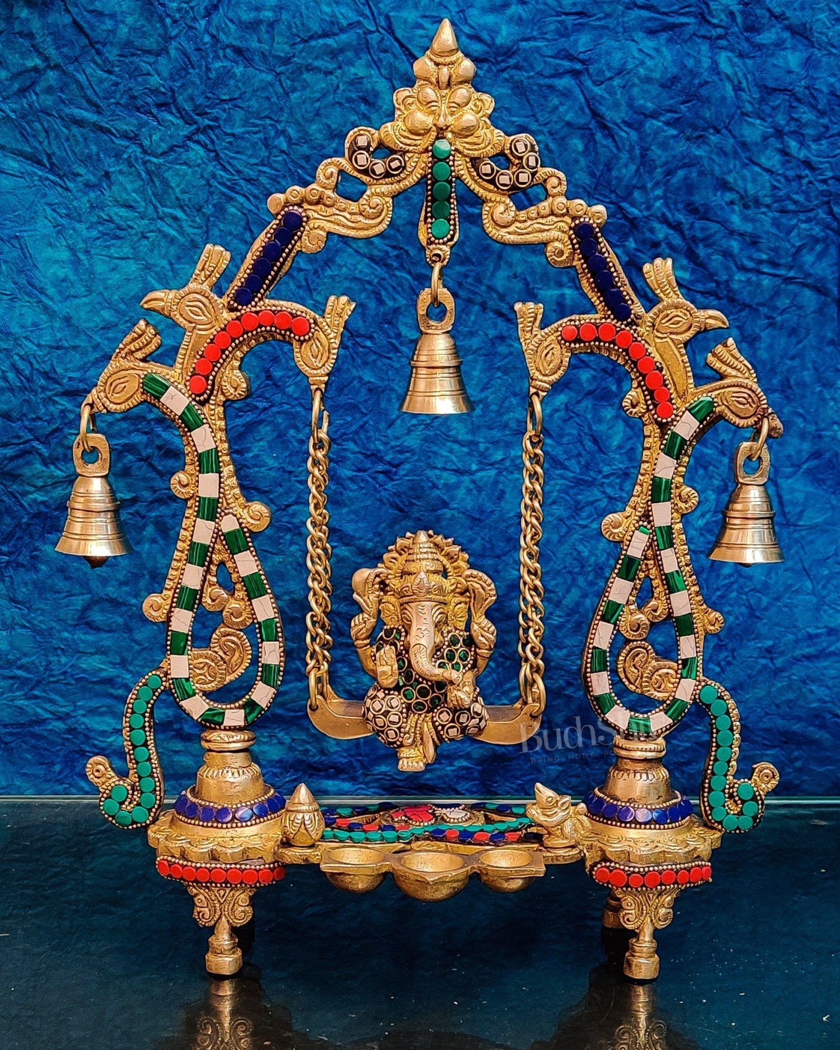 Handcrafted Brass Ganesha on Swing with Three Diyas 13"