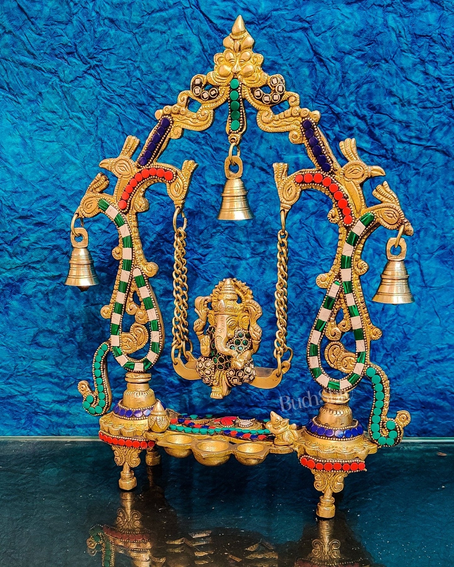 Handcrafted Brass Ganesha on Swing with Three Diyas 13"