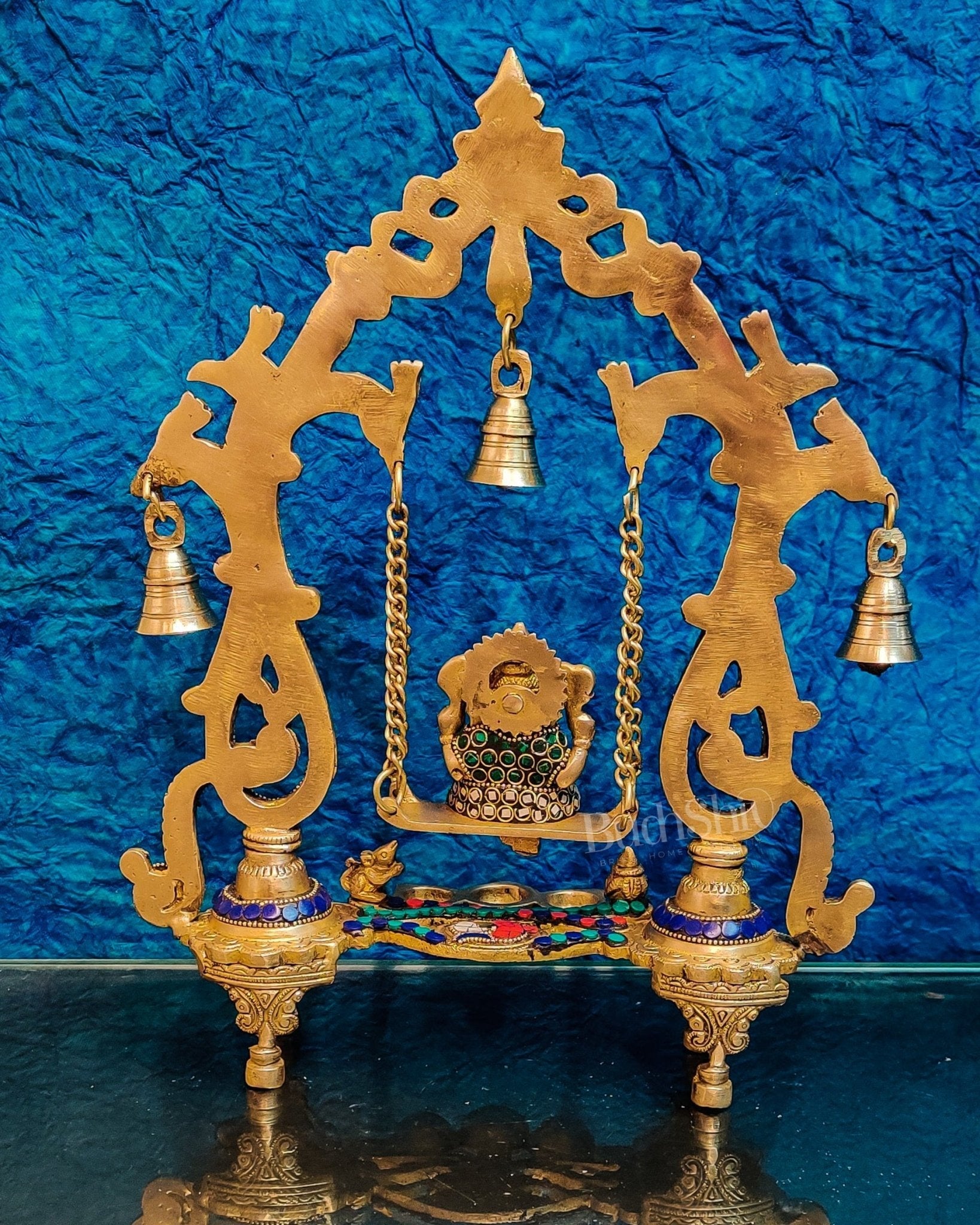 Handcrafted Brass Ganesha on Swing with Three Diyas 13"
