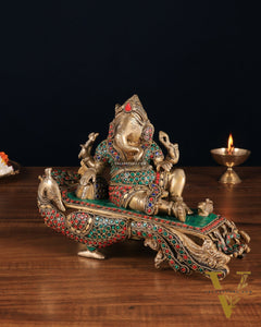 Handcrafted Brass Ganesha Statue on Peacock Throne statue