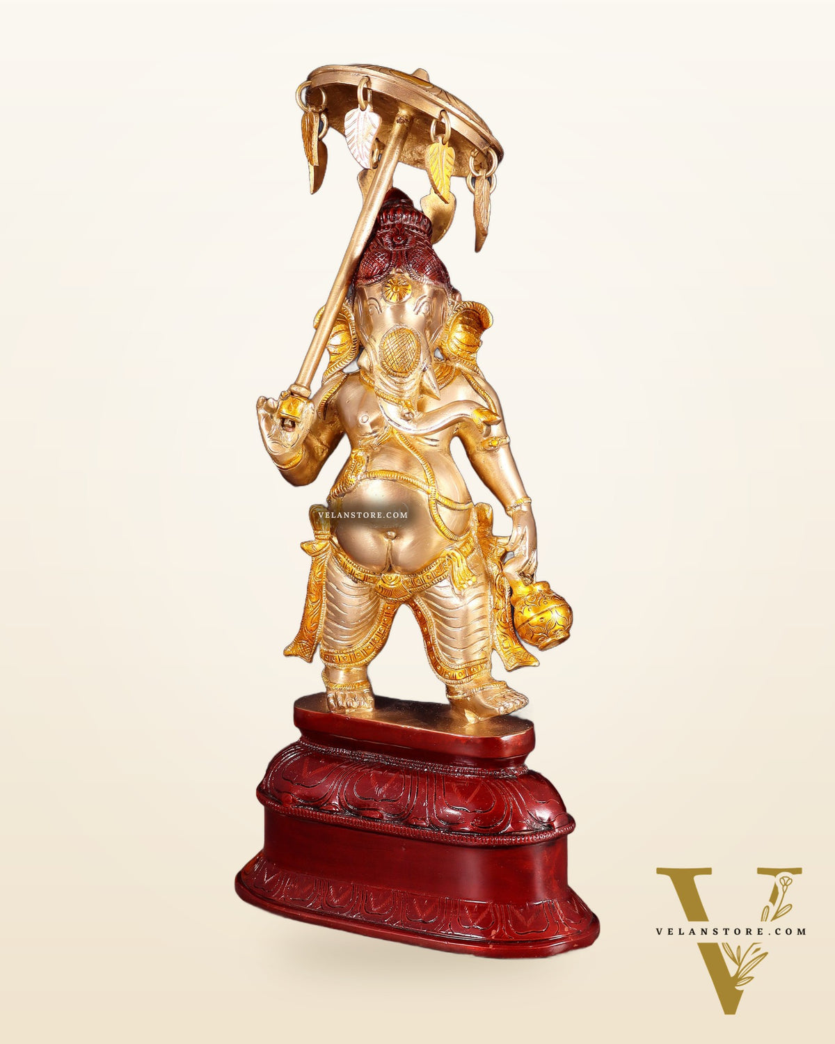 Handcrafted Brass Ganesha Statue with Umbrella and Kamandal - 15"