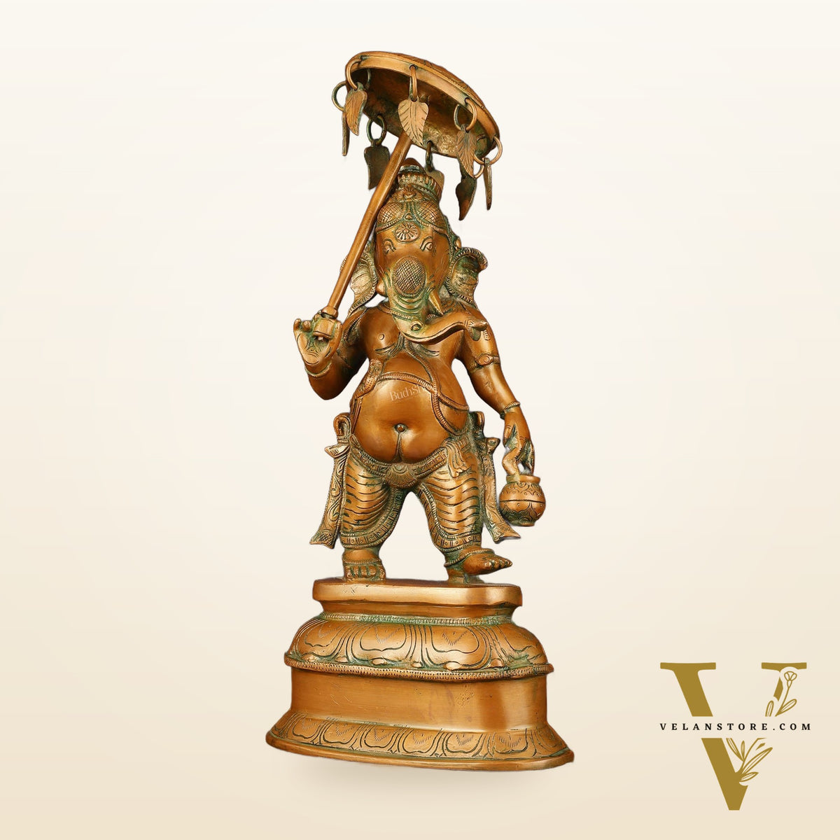 Handcrafted Brass Ganesha Statue with Umbrella and Kamandal - 15" Divine Sculpture