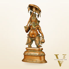 Handcrafted Brass Ganesha Statue with Umbrella and Kamandal - 15" Divine Sculpture