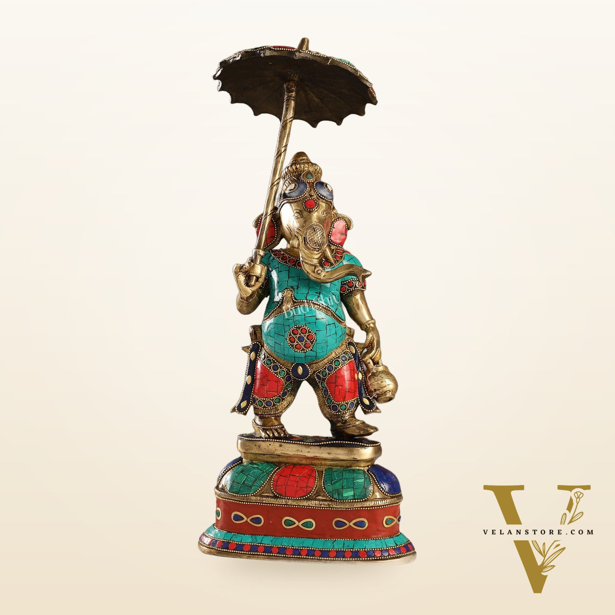 Handcrafted Brass Ganesha Statue with umbrella and kamandal | 15"