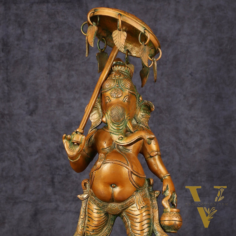 Handcrafted Brass Ganesha Statue with Umbrella and Kamandal - 15" Divine Sculpture