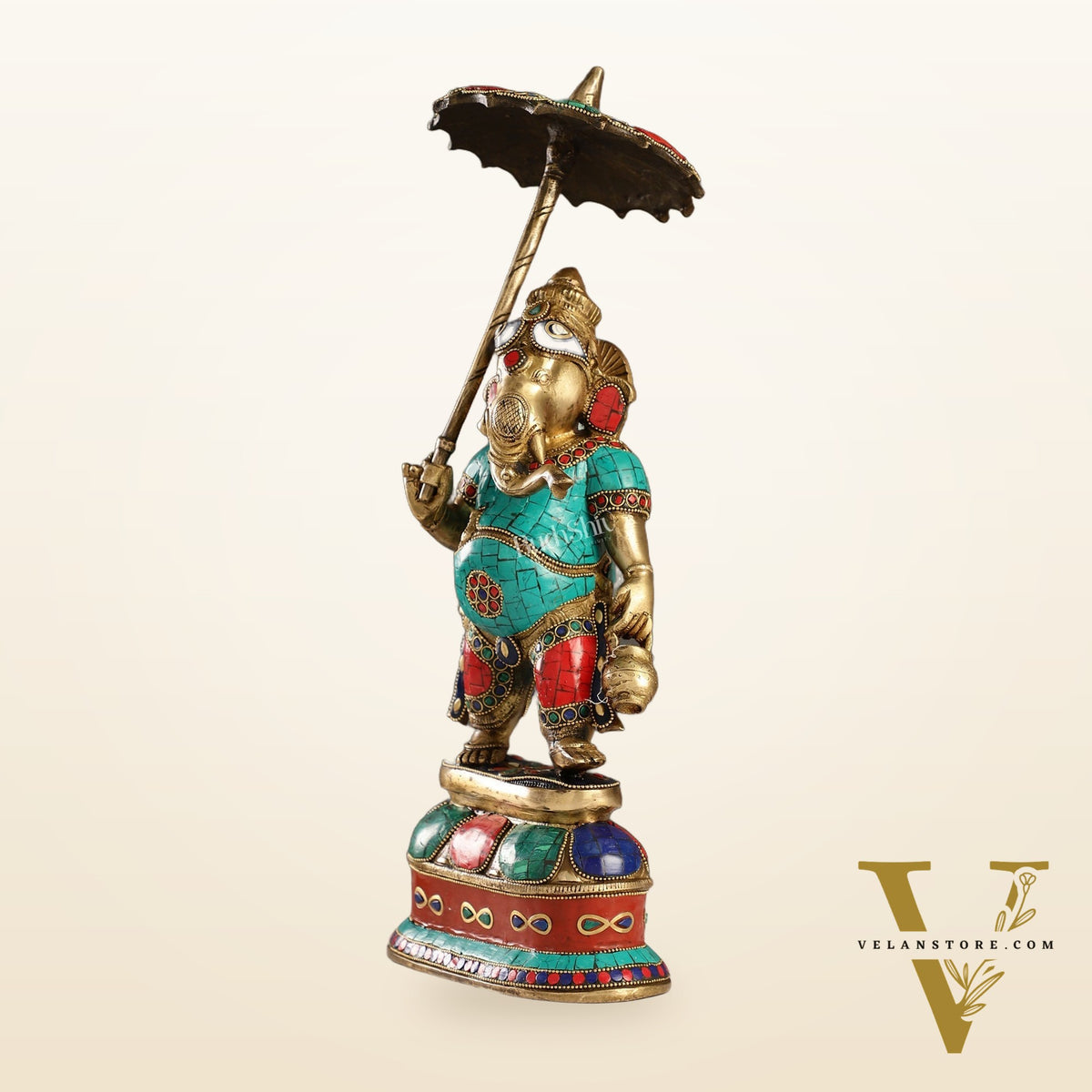 Handcrafted Brass Ganesha Statue with umbrella and kamandal | 15"