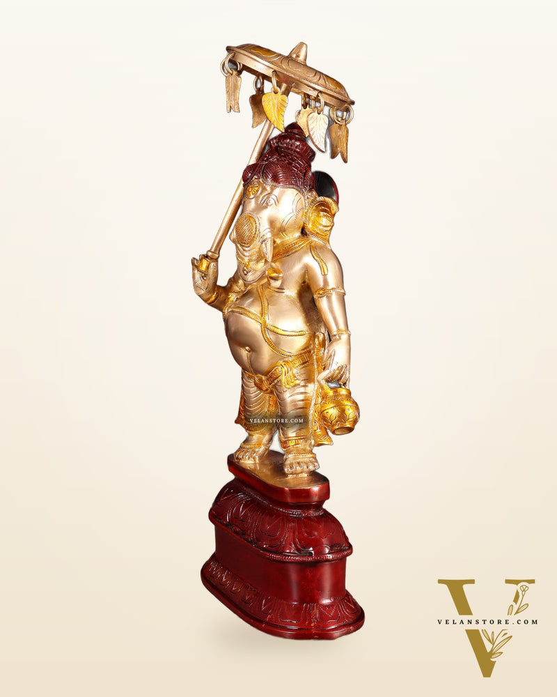 Handcrafted Brass Ganesha Statue with Umbrella and Kamandal - 15"