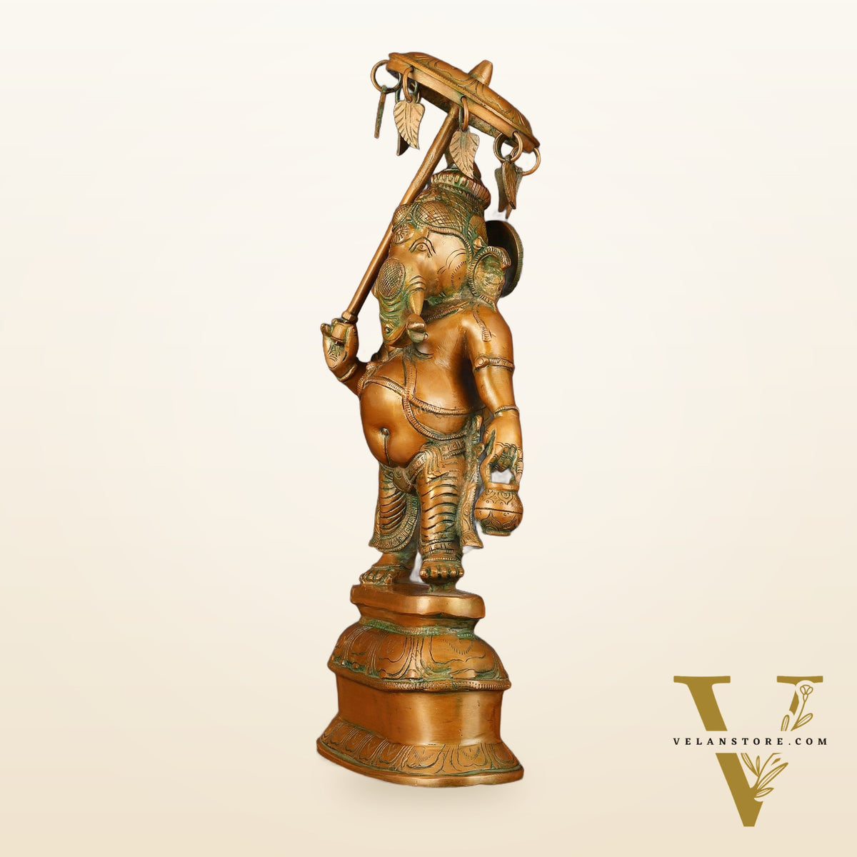 Handcrafted Brass Ganesha Statue with Umbrella and Kamandal - 15" Divine Sculpture