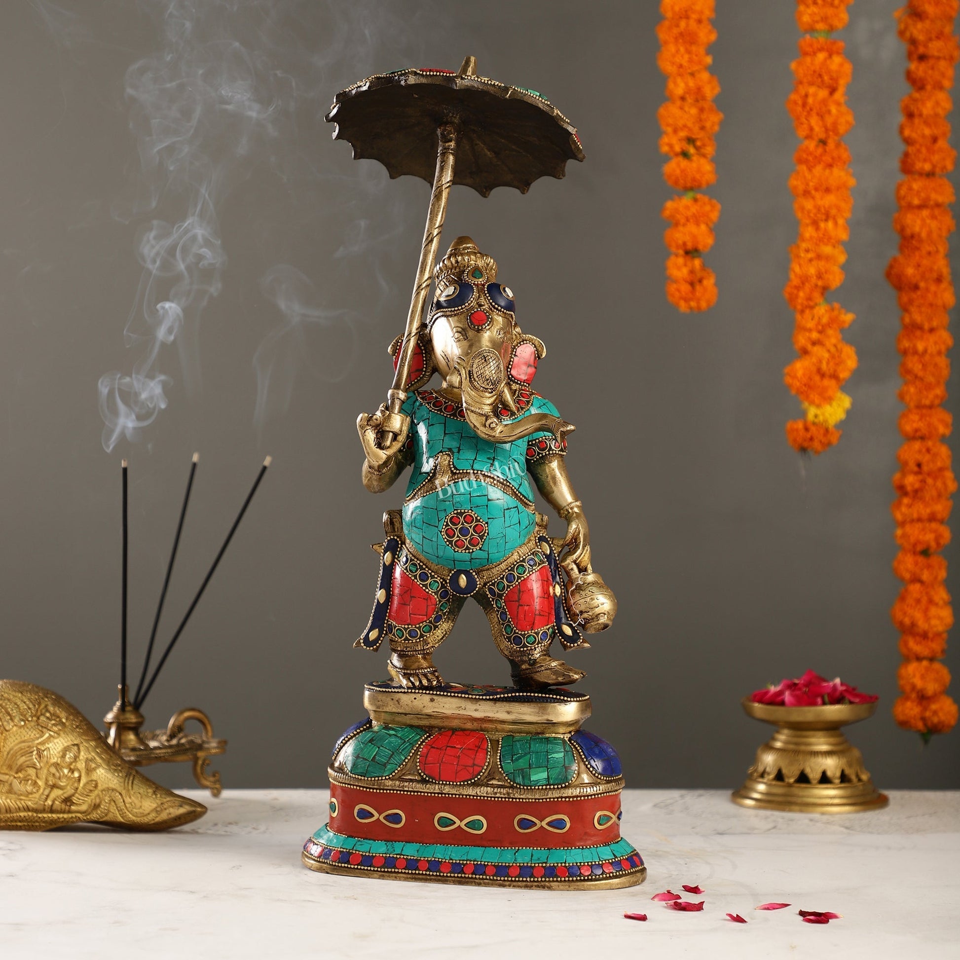 Handcrafted Brass Ganesha Statue with umbrella and kamandal | 15"