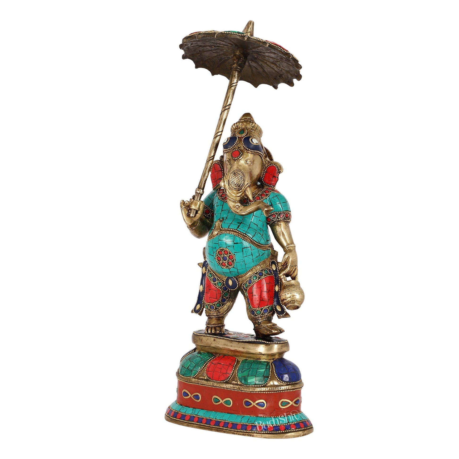 Handcrafted Brass Ganesha Statue with umbrella and kamandal | 15"