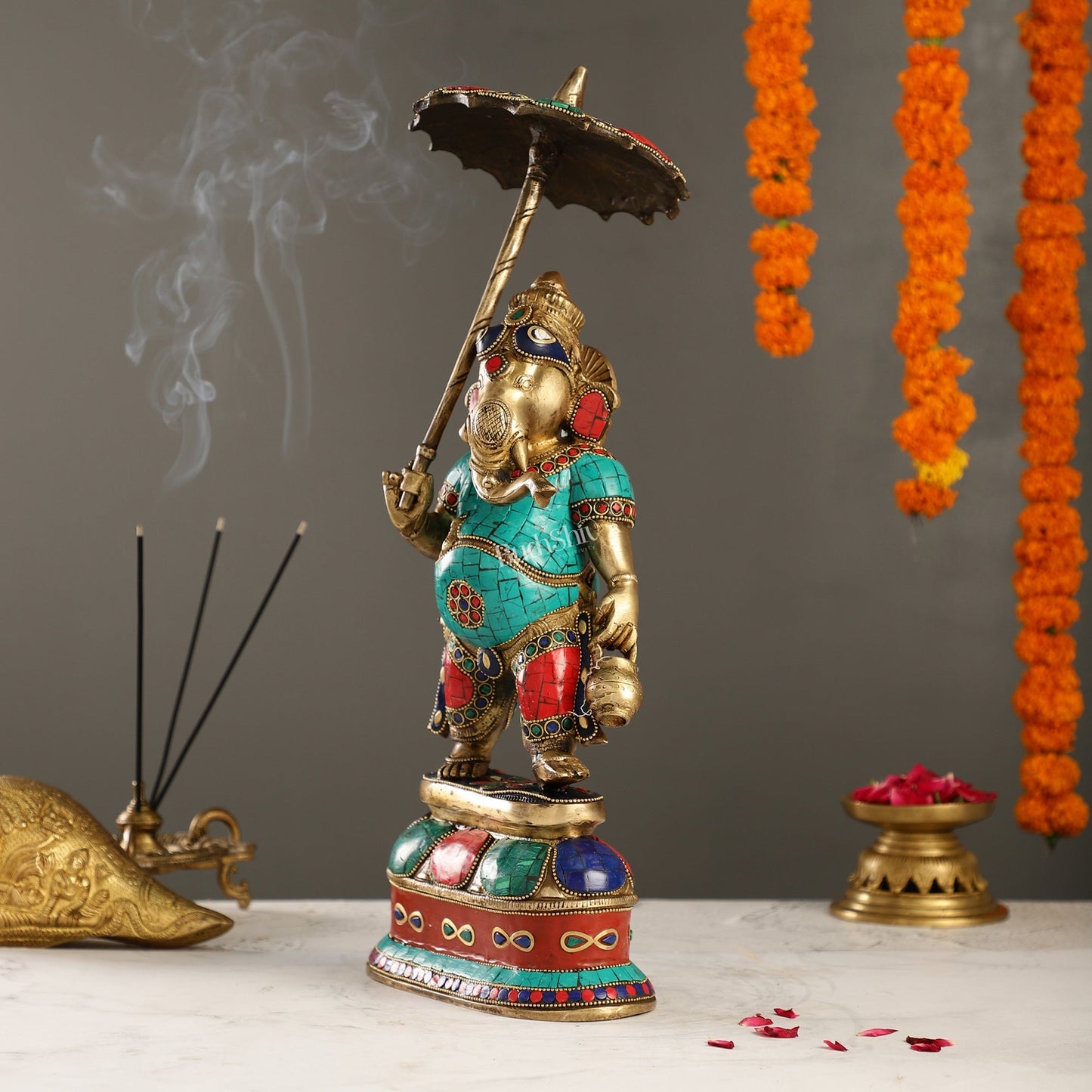 Handcrafted Brass Ganesha Statue with umbrella and kamandal | 15"