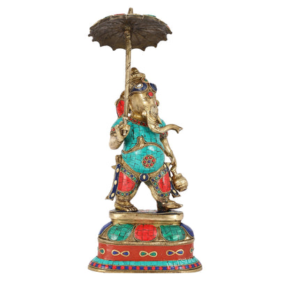 Handcrafted Brass Ganesha Statue with umbrella and kamandal | 15"