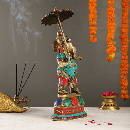 Handcrafted Brass Ganesha Statue with umbrella and kamandal | 15"