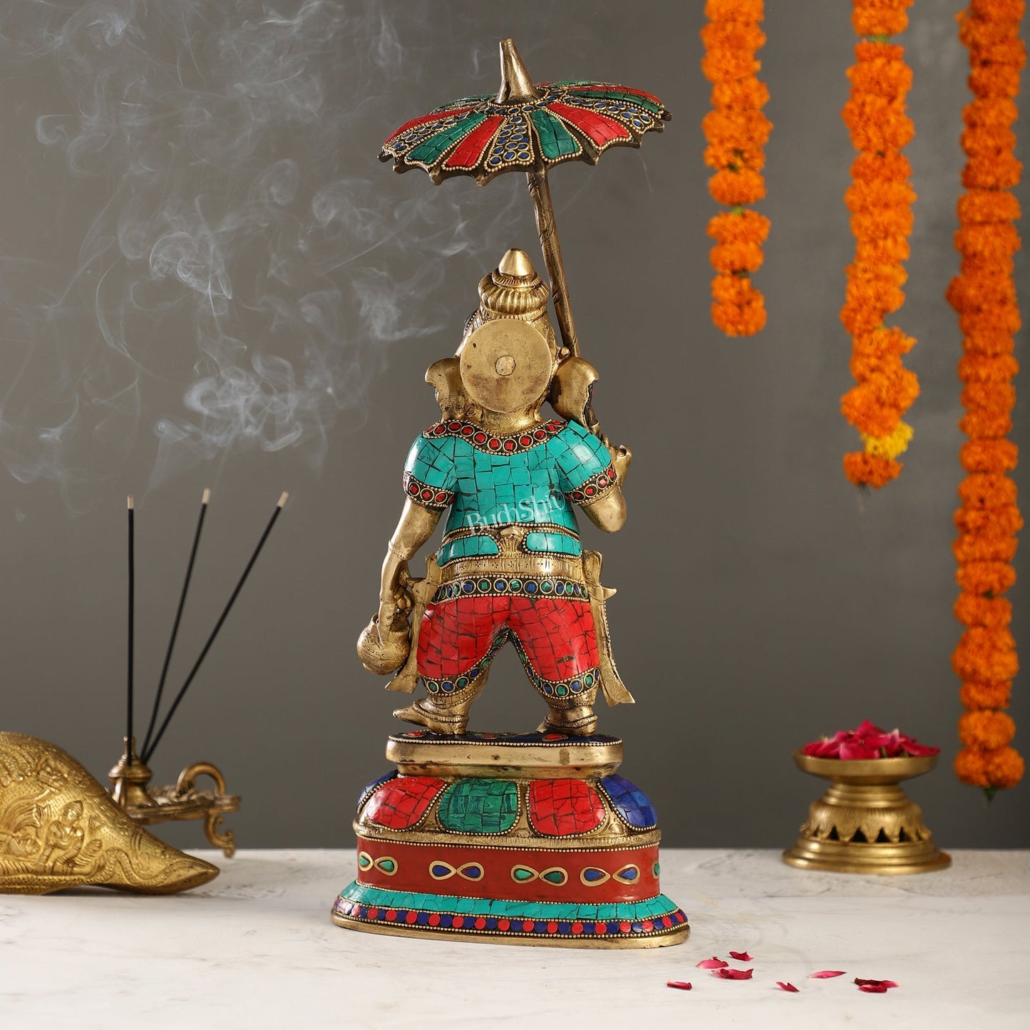 Handcrafted Brass Ganesha Statue with umbrella and kamandal | 15"