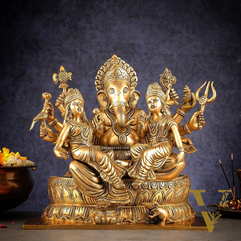 Handcrafted Brass Ganesha with Riddhi and Siddhi – 13.5 Inch