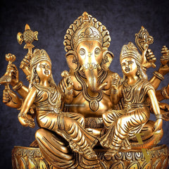 Handcrafted Brass Ganesha with Riddhi and Siddhi – 13.5 Inch