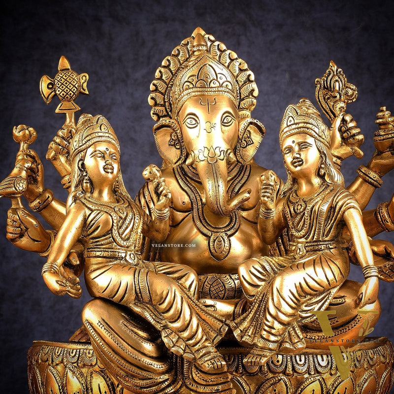 Handcrafted Brass Ganesha with Riddhi and Siddhi – 13.5 Inch