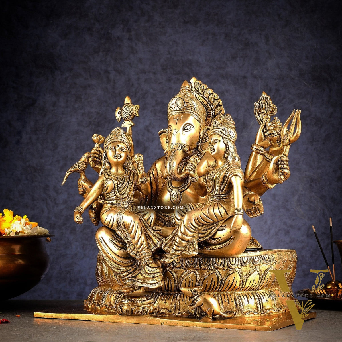 Handcrafted Brass Ganesha with Riddhi and Siddhi – 13.5 Inch