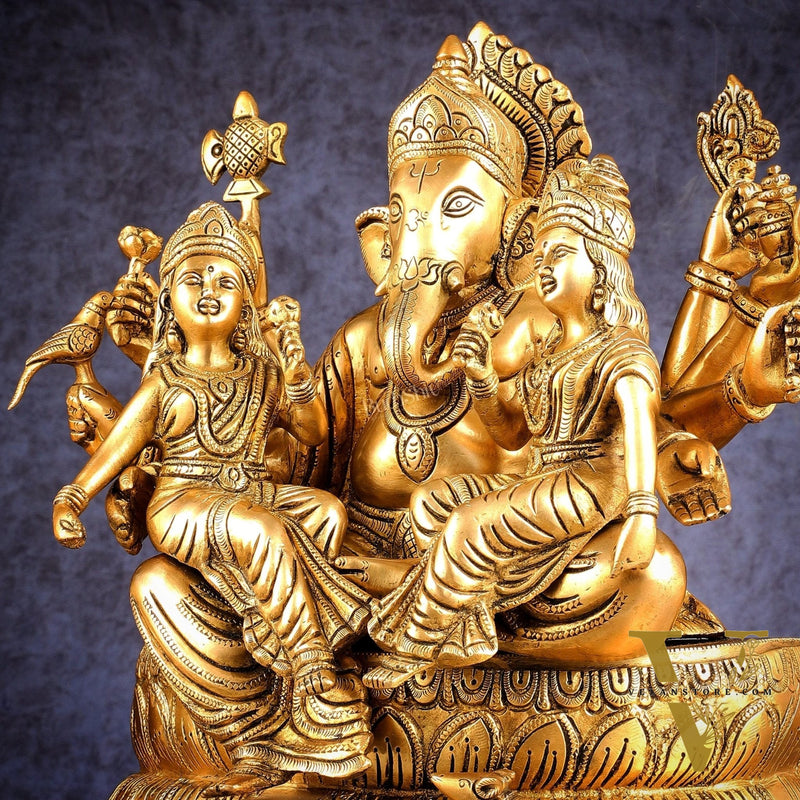 Handcrafted Brass Ganesha with Riddhi and Siddhi – 13.5 Inch
