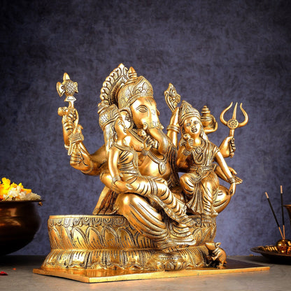 Handcrafted Brass Ganesha with Riddhi and Siddhi – 13.5 Inch