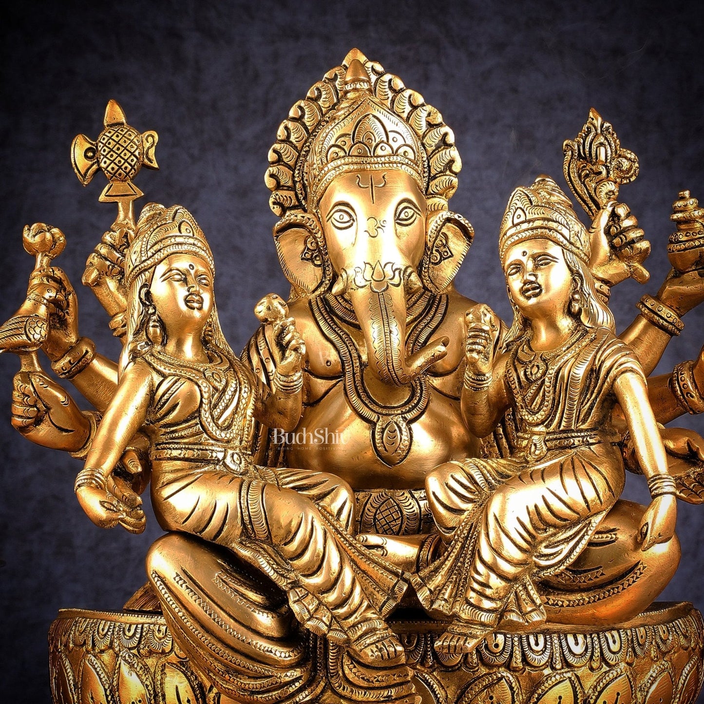 Handcrafted Brass Ganesha with Riddhi and Siddhi – 13.5 Inch