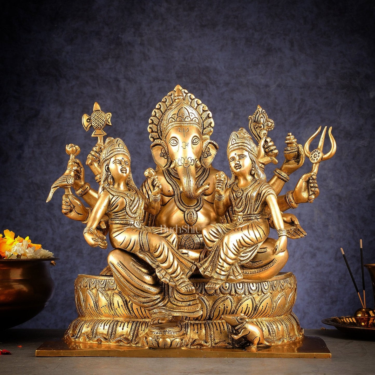 Handcrafted Brass Ganesha with Riddhi and Siddhi – 13.5 Inch