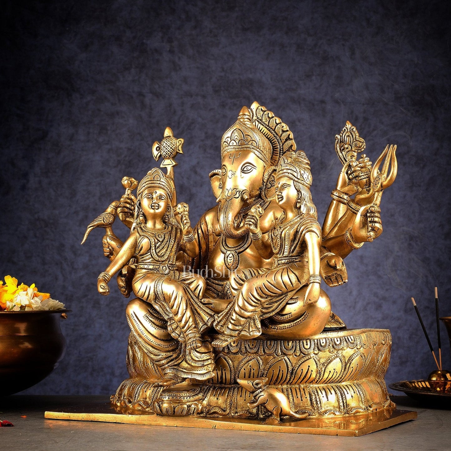 Handcrafted Brass Ganesha with Riddhi and Siddhi – 13.5 Inch