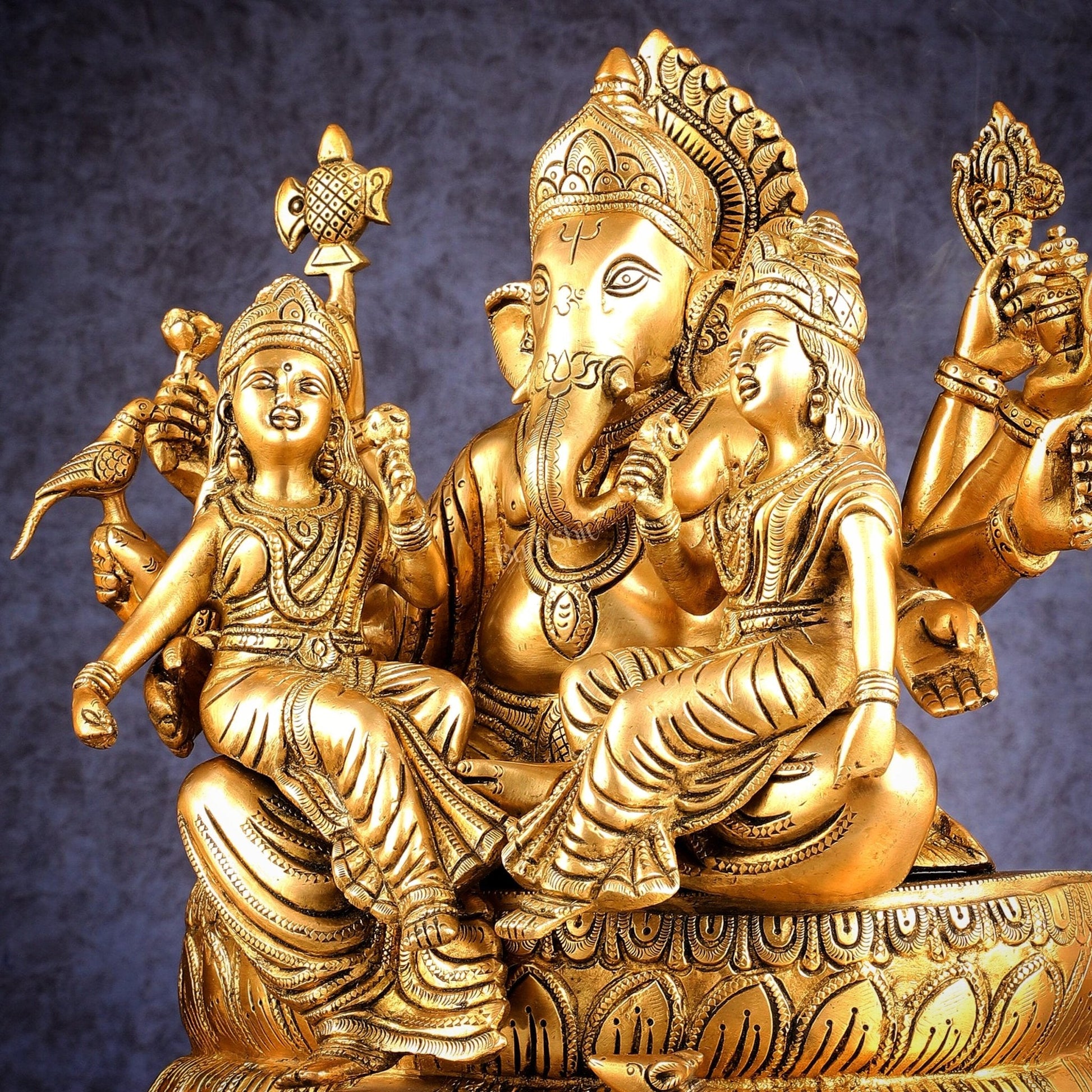 Handcrafted Brass Ganesha with Riddhi and Siddhi – 13.5 Inch