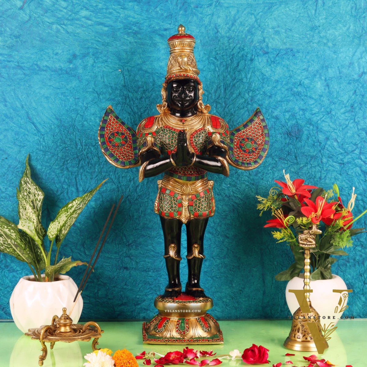 Handcrafted Brass Garuda Dev Statue - Black and Gold Finish, 22" Tall, 10.5kg
