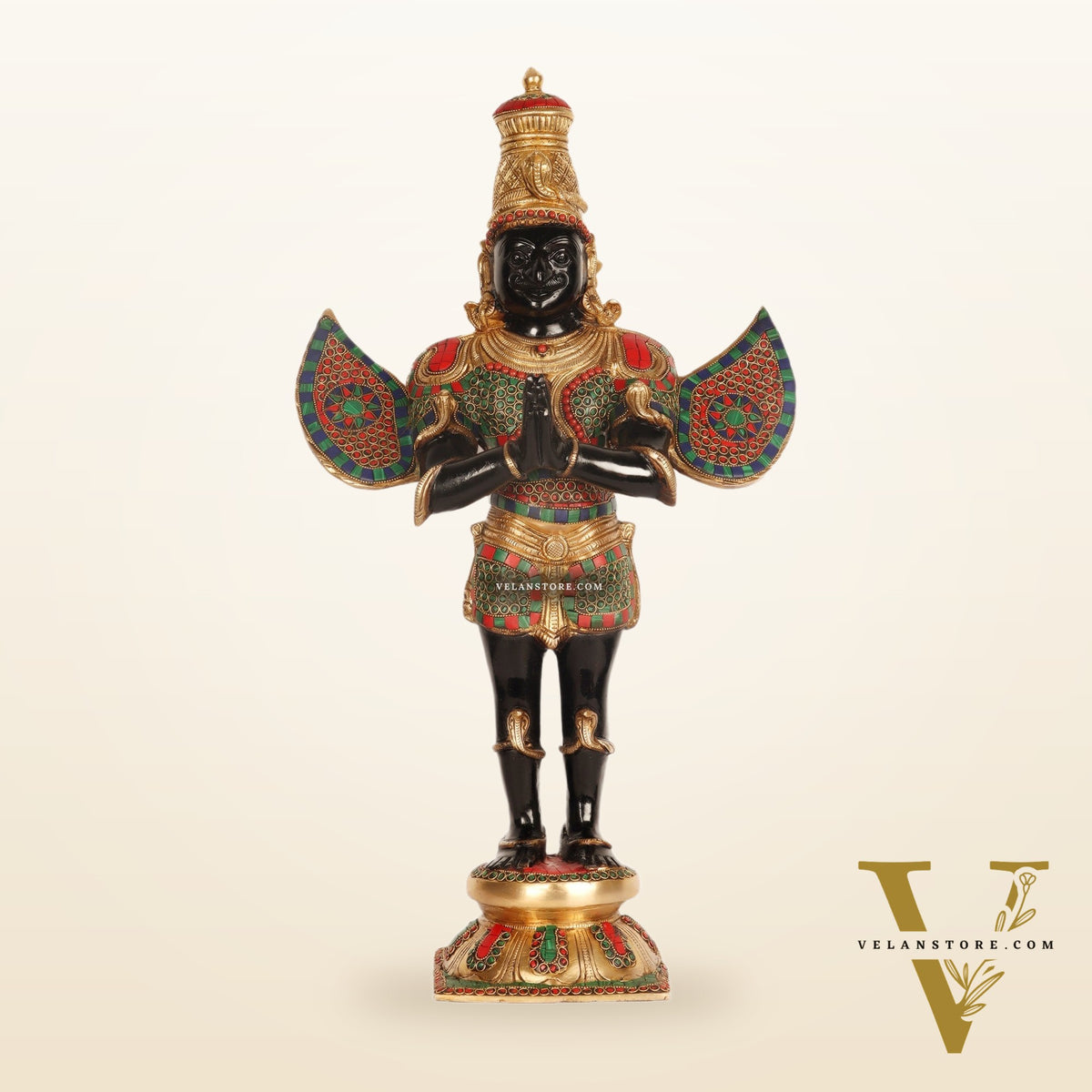 Handcrafted Brass Garuda Dev Statue - Black and Gold Finish, 22" Tall, 10.5kg