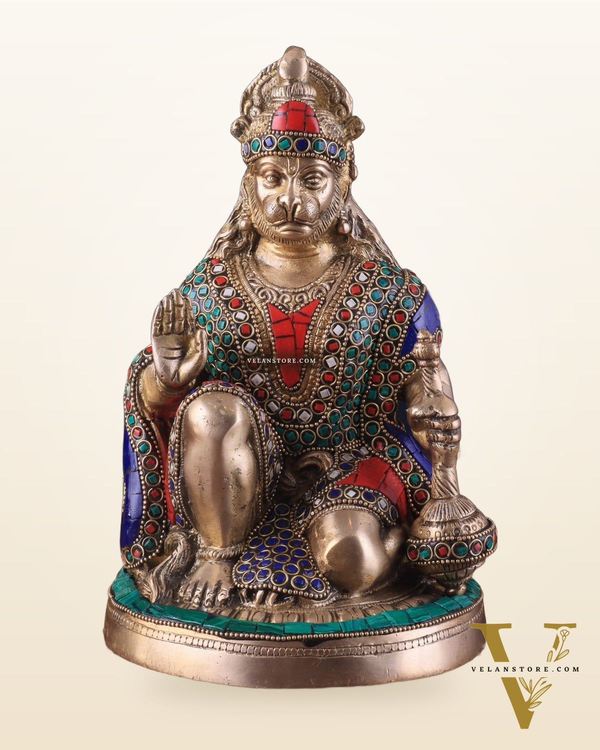 Handcrafted Brass Hanuman Idol - 9" with stonework