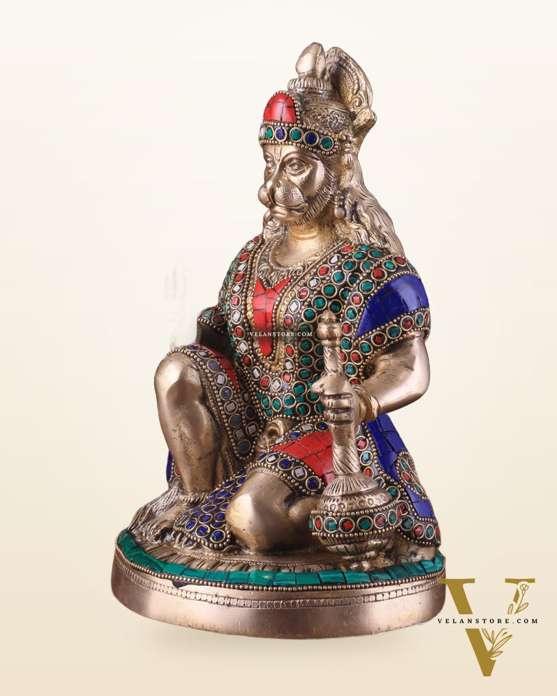 Handcrafted Brass Hanuman Idol - 9" with stonework