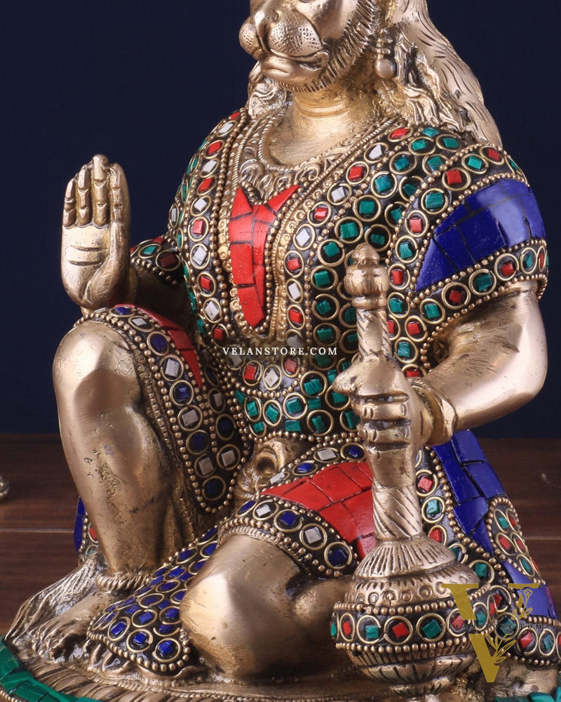 Handcrafted Brass Hanuman Idol - 9" with stonework