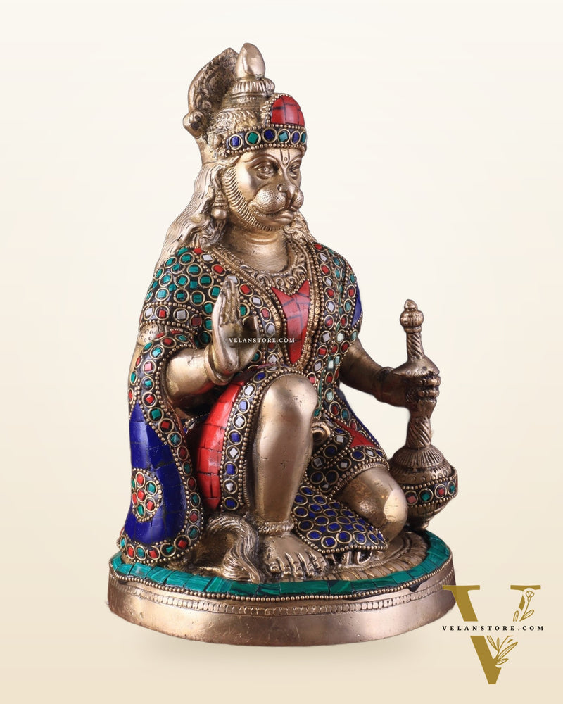 Handcrafted Brass Hanuman Idol - 9" with stonework