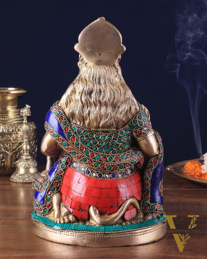 Handcrafted Brass Hanuman Idol - 9" with stonework