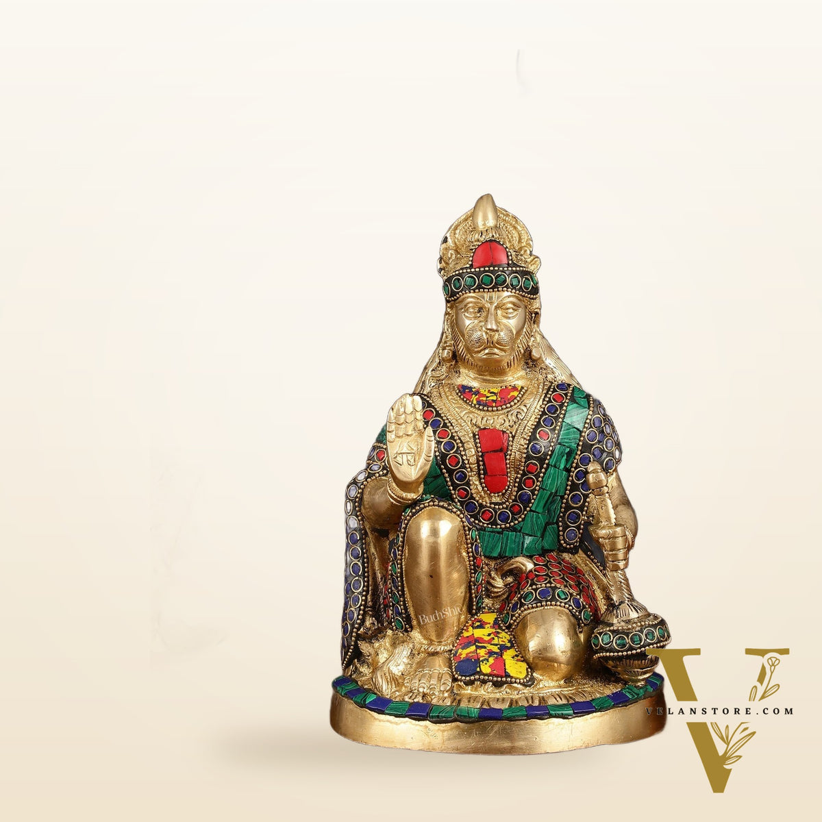 Handcrafted Brass Hanuman Idol - 9" with stonework