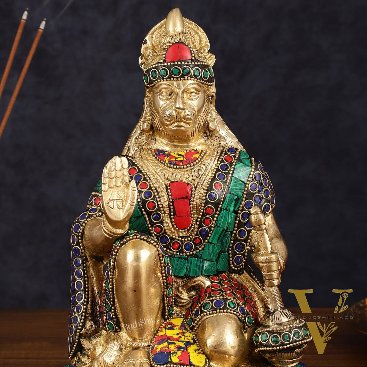 Handcrafted Brass Hanuman Idol - 9" with stonework