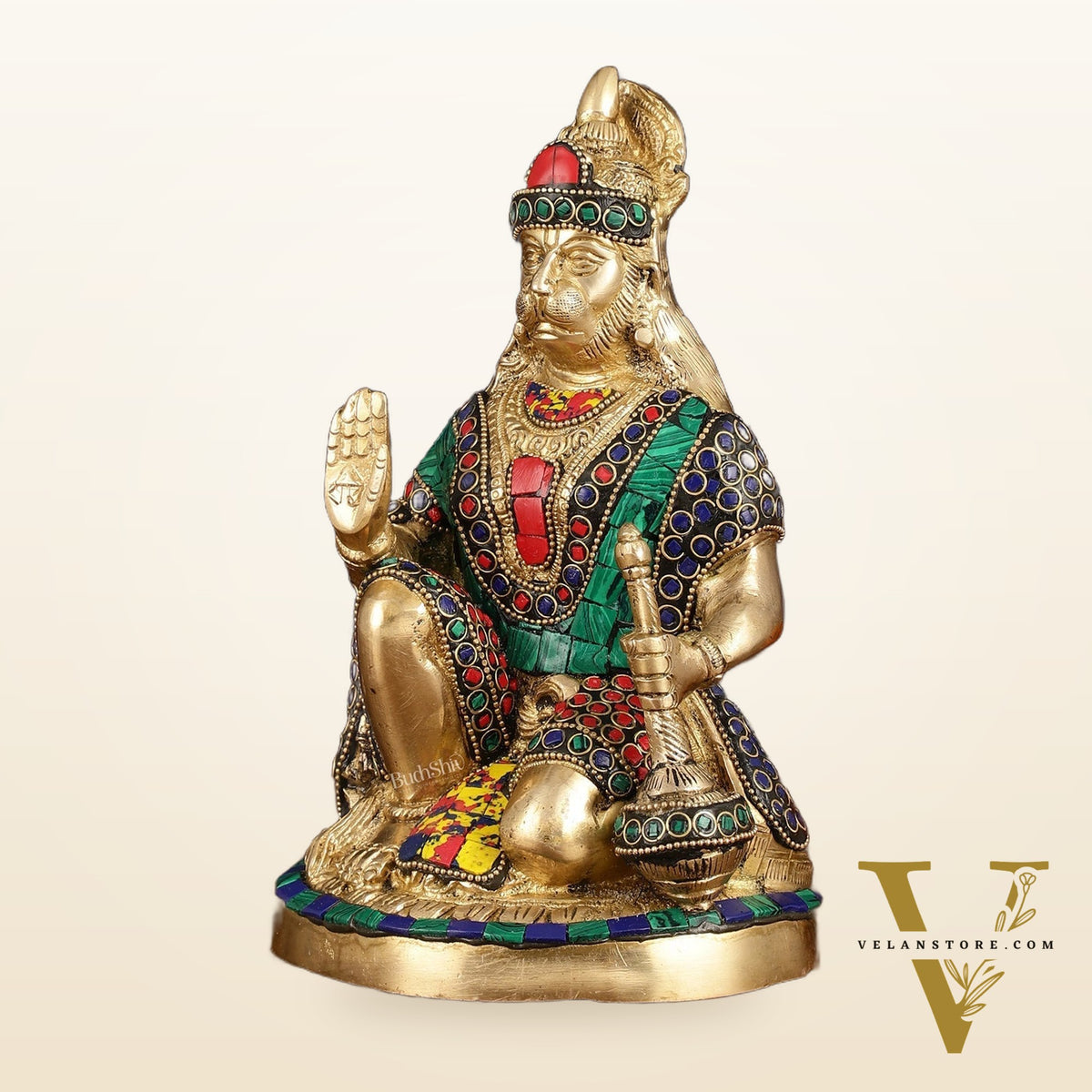 Handcrafted Brass Hanuman Idol - 9" with stonework