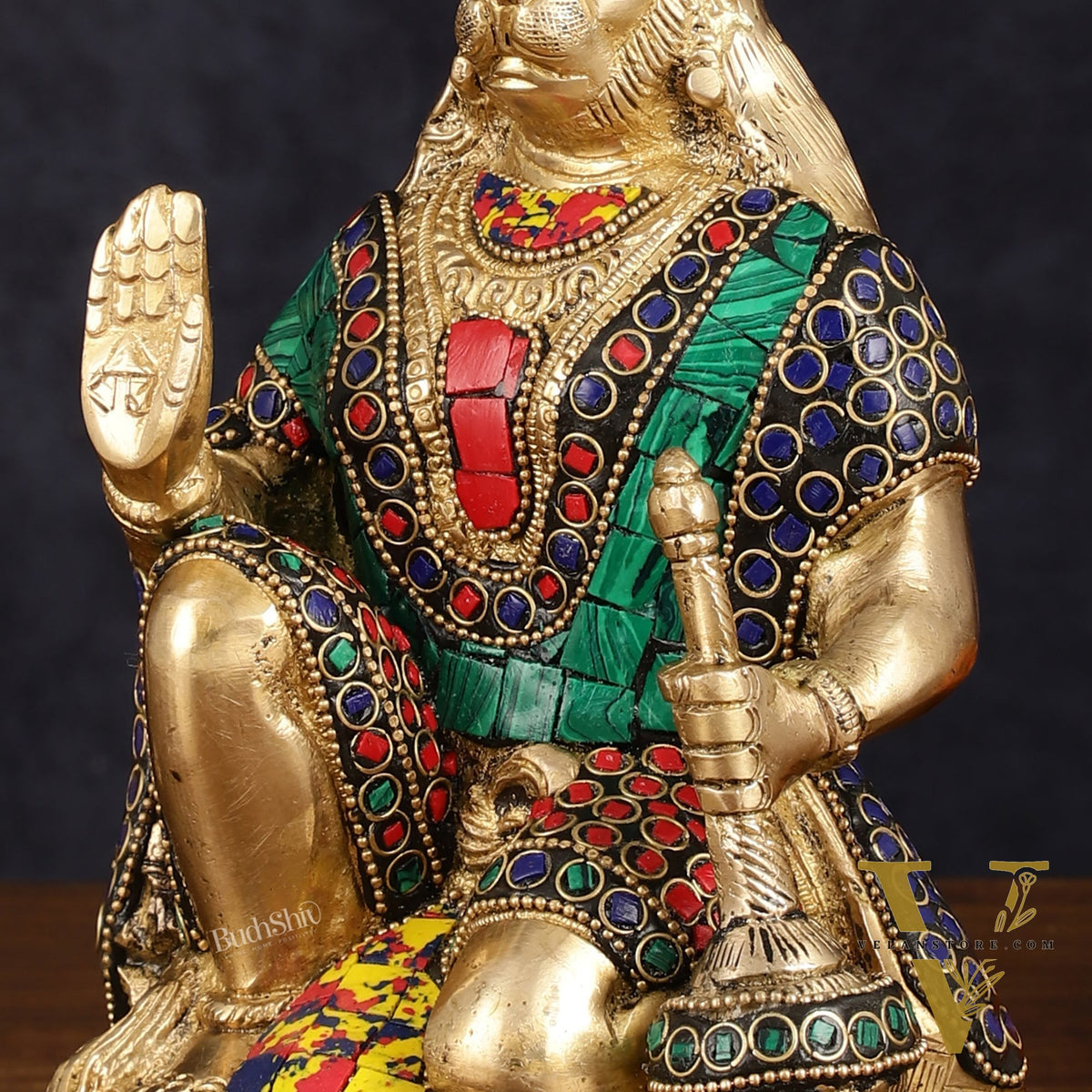 Handcrafted Brass Hanuman Idol - 9" with stonework