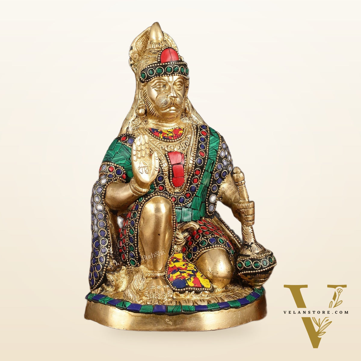 Handcrafted Brass Hanuman Idol - 9" with stonework