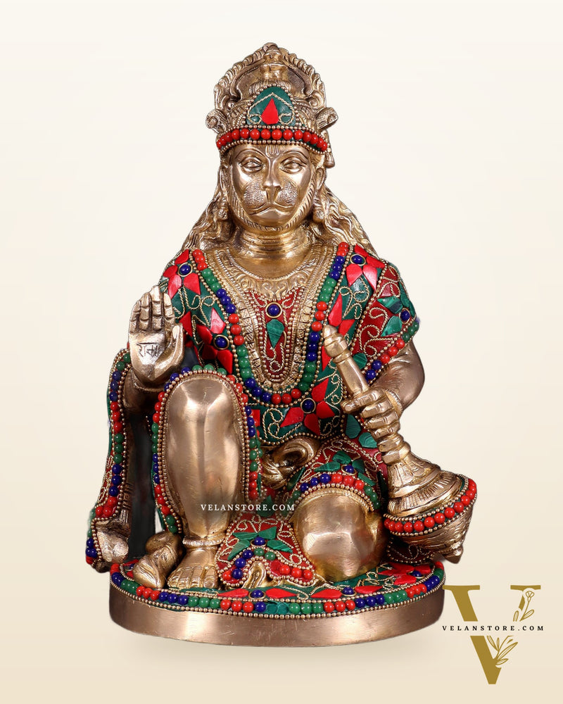 Handcrafted Brass Hanuman Idol - 9" with stonework