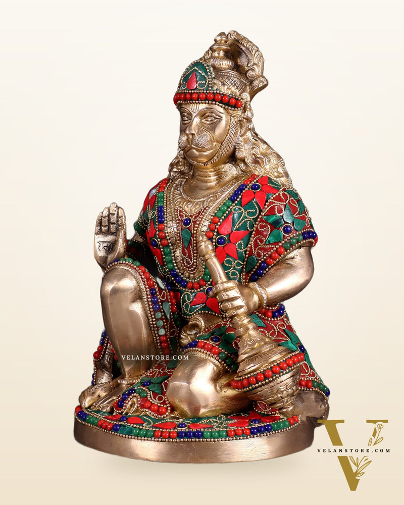 Handcrafted Brass Hanuman Idol - 9" with stonework