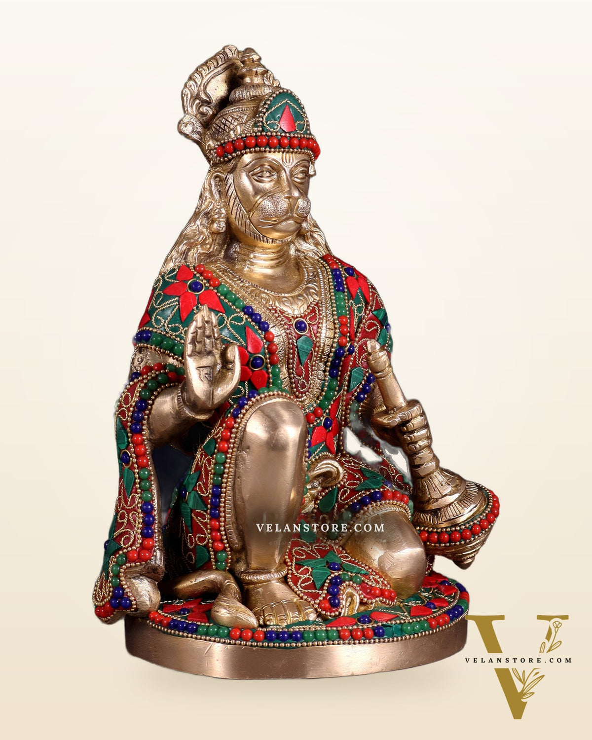 Handcrafted Brass Hanuman Idol - 9" with stonework