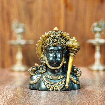 Handcrafted Brass Hanuman Ji Bust | Superfine Quality | 8" Height | Black and Gold