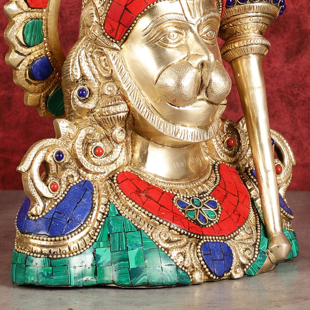 Handcrafted Brass Hanuman Ji Bust with Multicolour Stonework - 8"