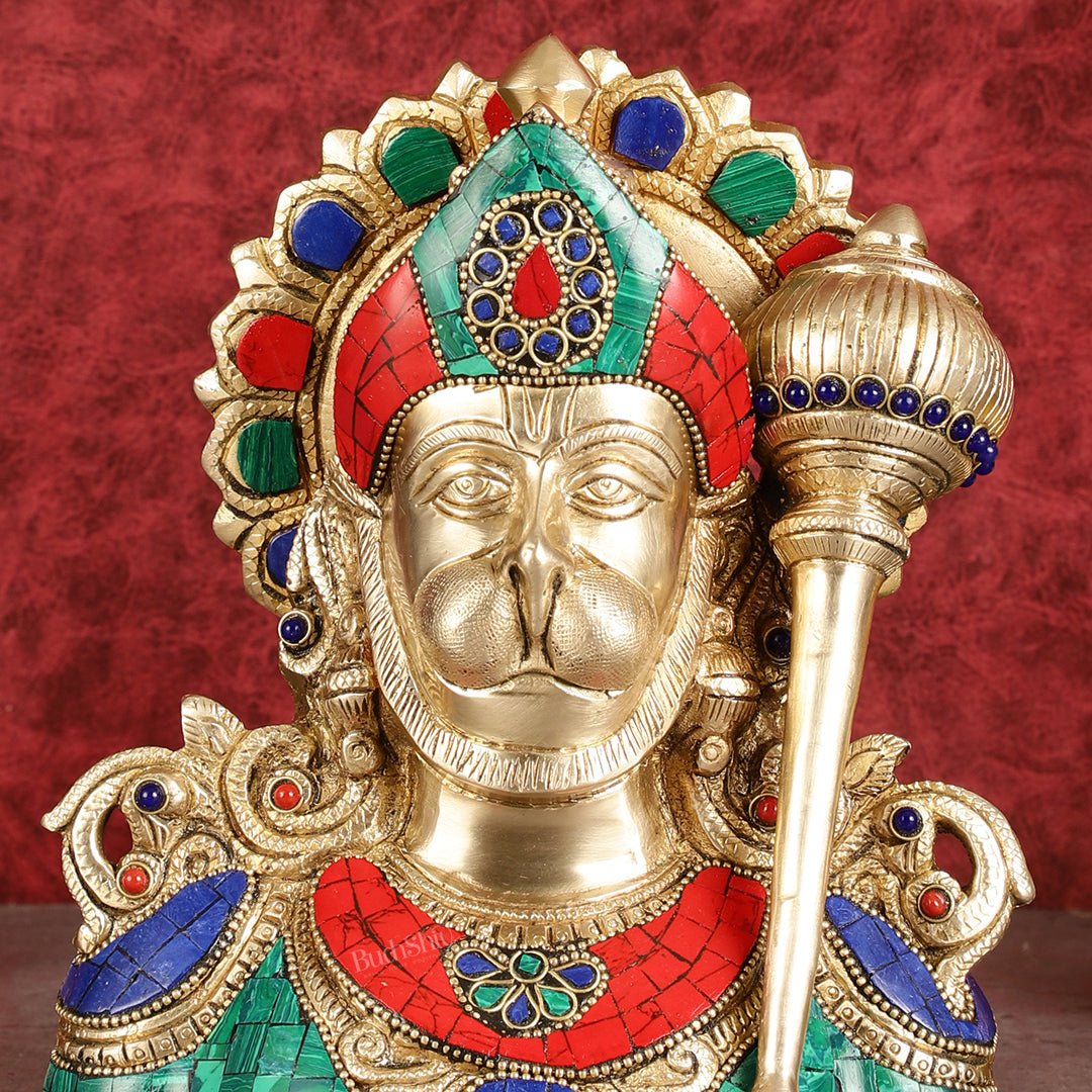 Handcrafted Brass Hanuman Ji Bust with Multicolour Stonework - 8"