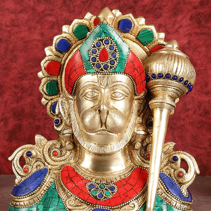 Handcrafted Brass Hanuman Ji Bust with Multicolour Stonework - 8"